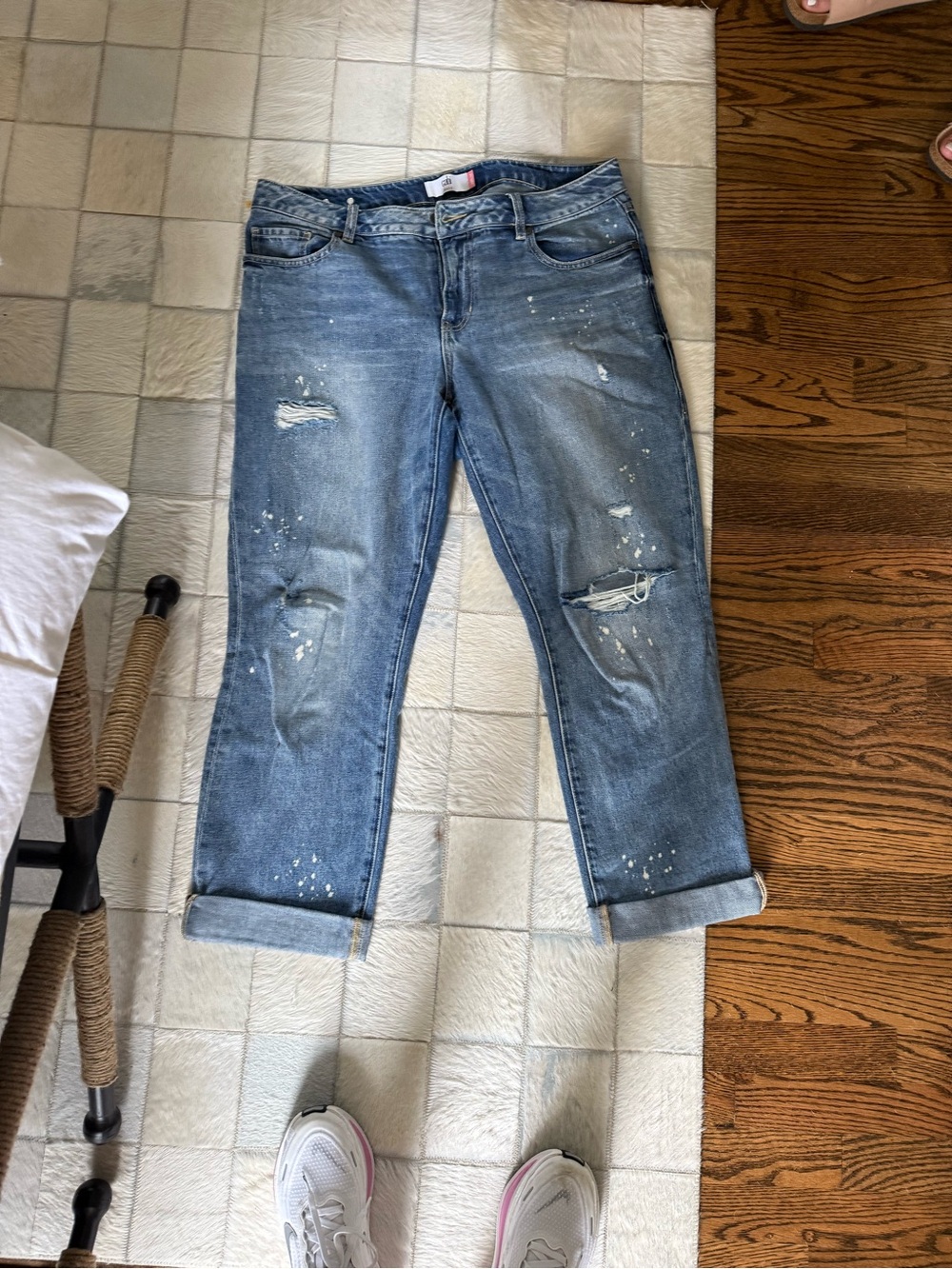 CAbi Medium Blue Distressed Paint-Splatter Boyfriend Jeans